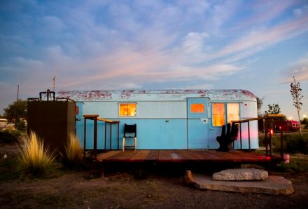 The Kozy Coach at El Cosmico in Marfa, Texas.