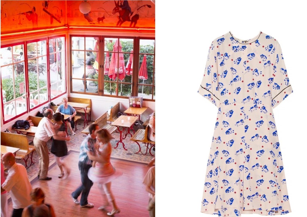 Chez Gégène on the Marne River outside of Paris (photograph by Tara Donne for Afar) paired with Marni Printed Silk Dress.