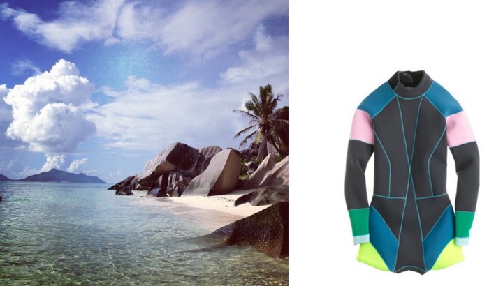 La Digue in the Seychelles (c/o Smwh.re) paired with Cynthia Rowley for J.Crew Colorblock Wetsuit.