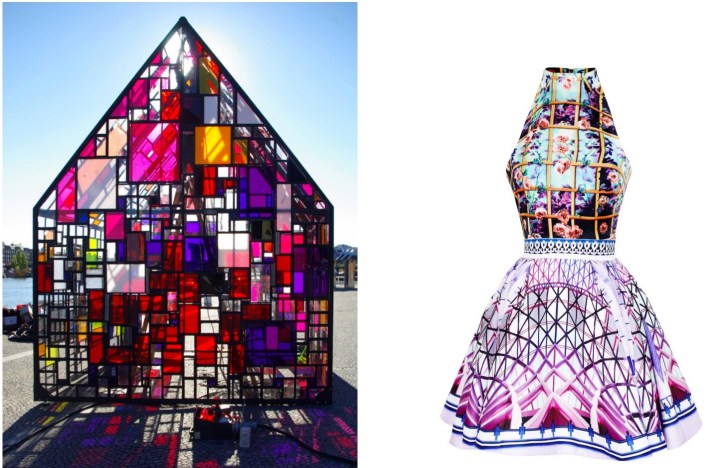 “Maxikiosko” by Tom Fruin becomes a pop-up wedding chapel this week at the Wythe Hotel in Brooklyn, paired with Mary Katrantzou Folli Rose Trinkolo Dress. 