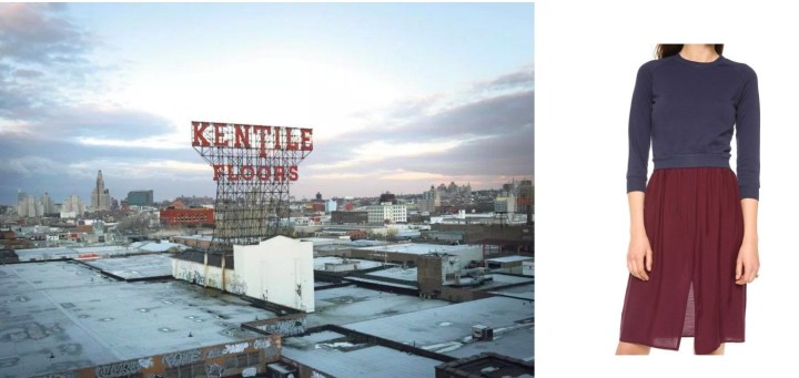 Kentile Floors Sign in Gowanus, Brooklyn paired with Loup Navy Bruno Dress. 