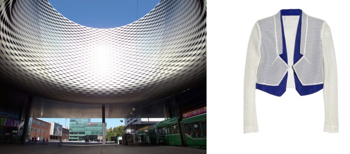 Messe Basel Exhibition Centre by Herzog & de Meuron in Basel, Switzerland paired with Antonio Berard Mesh and Cloque Blazer.