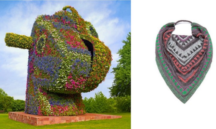 Split-Rocker by Jeff Koons, bound for Rockefeller Center in NYC paired with Roarke New York Tulum Bib/Headscarf.