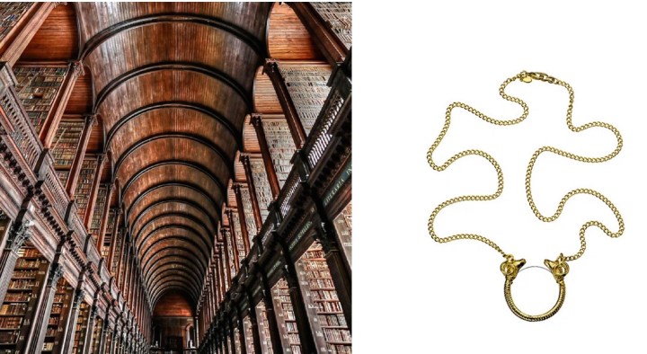 The Long Room at Trinity College Dublin paired with Kenneth Jay Lane Double Headed Ram Monocle Necklace.