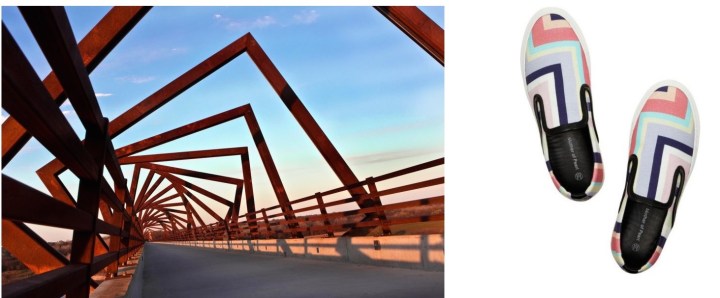 The High Trestle Trail Bridge over the Des Moines River in Iowa paired with Mother of Pearl + Jim Lambie Canvas Sneakers.