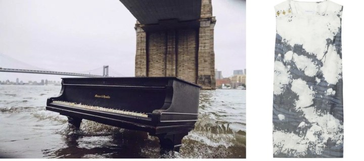 A grand piano has appeared on the Manhattan-side of the East River paired with Pierre Balmain Chambray Dress.