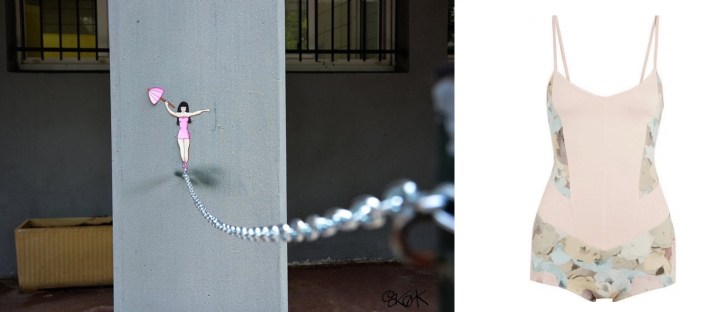 A micro-intervention by oakoak in St. Etienne, France paired with Live the Process Floral Stretch-Jersey Leotard.