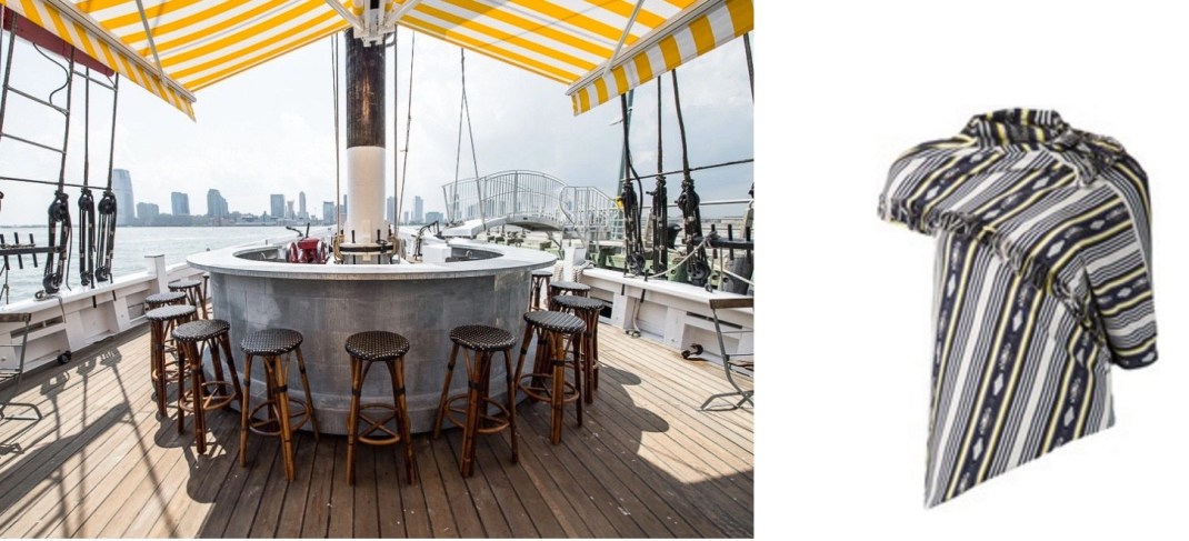Grand Banks restaurant on the F/V Sherman Zwicker, docked at Pier 25 in Tribeca paired with Junya Watanabe Navajo-Print Asymmetric Top.