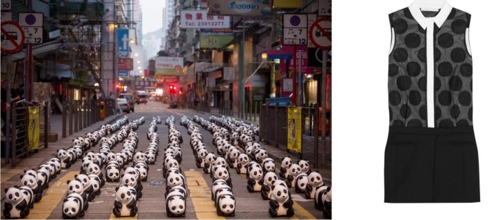 A throng of papier-mâché pandas by French sculptor Paulo Grangeon appeared earlier this month on a street in Mongkok in Hong Kong, paired with Victoria Beckham Polka-Dot Mini Dress.