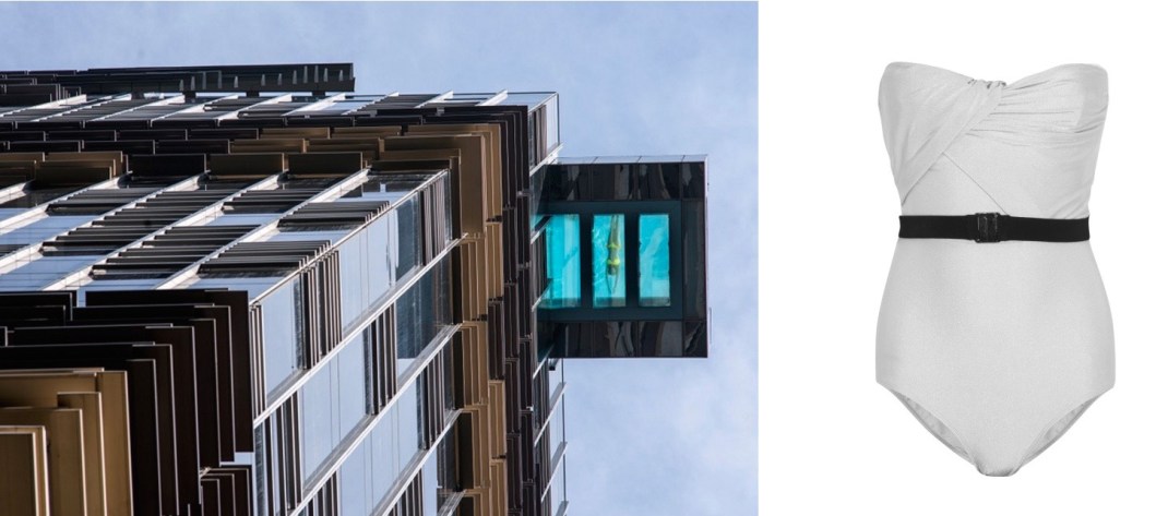 The cantilevered rooftop pool at Hotel Indigo in Hong Kong paired with Zimmermann Oasis Ruched Swimsuit.