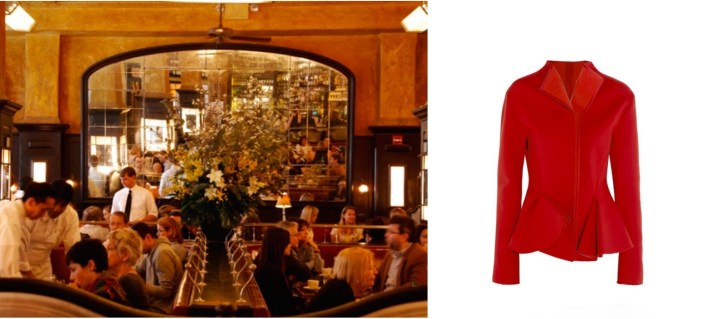 Balthazar Restaurant in SoHo, NYC paired with Lanvin Stretch-Scuba Peplum Jacket. 