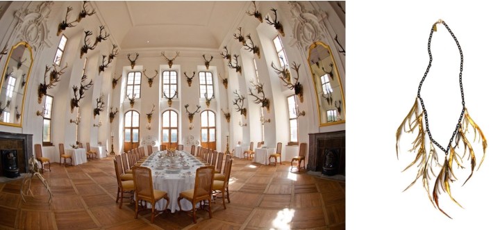 The renovated banquet hall of Moritzburg Castle in Moritzburg, Germany paired with K/LLR Collection Brass Feather Bib.