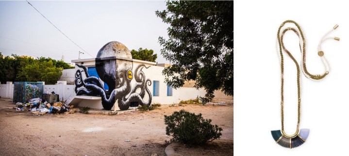 A mural by Belgian street artist ROA in Dierba, Tunisia paired with Elke Surge Pendant.