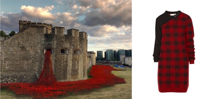 Blood Swept Lands and Seas of Red by Paul Cummins at the Tower of London paired with 3.1 Phillip Lim Plaid Wool-Blend Dress. 