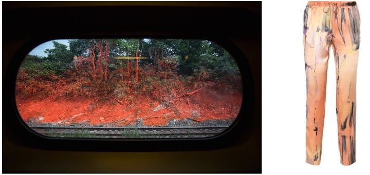 Psychylustro by Katharina Grosse along Philadelphia’s Northeast Rail Corridor, as seen from the train, paired with Elizabeth and James Gessler Silk-Satin Pants.