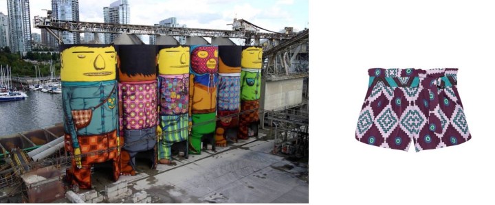 A Giants installation by Os Gêmeos on Granville Island for the Vancouver Biennale paired with Suno Printed Faille Shorts.