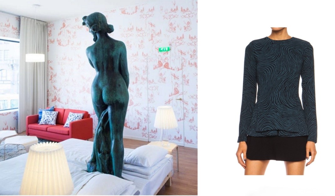 Hotel Manta by Tatzu Nishi in Helsinki, Finland paired with Opening Ceremony Fingerprint Crepe Cascade Top in Marble Green Multi.