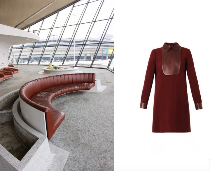 Eero Saarinen’s TWA Flight Center at JFK Airport in Queens, NY paired with Gucci Leather-Bib Cady Dress. 
