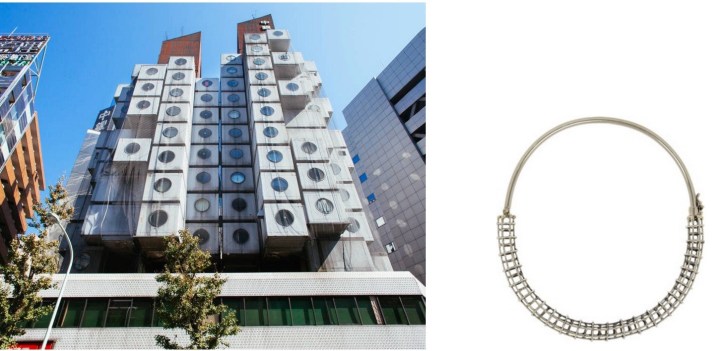 The Nakagin Capsule Tower by architect Kisho Kurokawa in Tokyo paired with Anndra Neen Caged Tube Choker. 