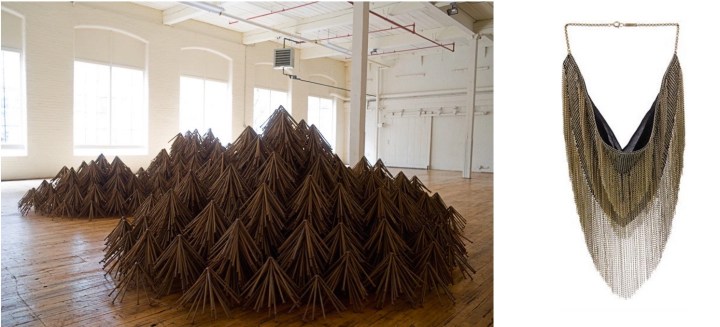 "Grove" by John Bisbee, whose sculptures filled the Shelbourne Museum in Vermont earlier this year paired with Isabel Marant Linares Fringed Chain Necklace. 