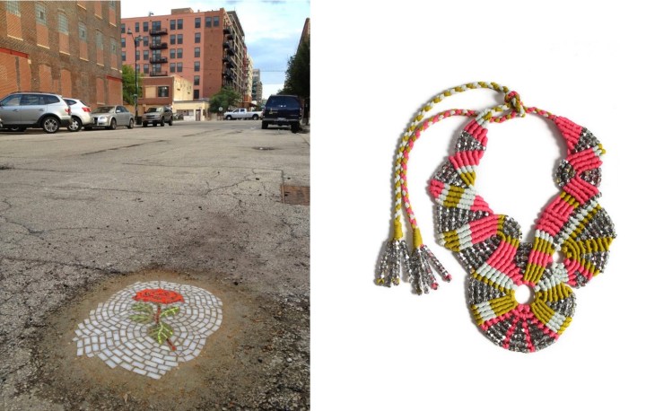 A new rose mosaic by Jim Bachor at 100 block of North Sangamon in Chicago (c/o Collosal) paired with Tammy Tiranasar Jewelry Macramé Silk Necklace (c/o Cool Hunting). 
