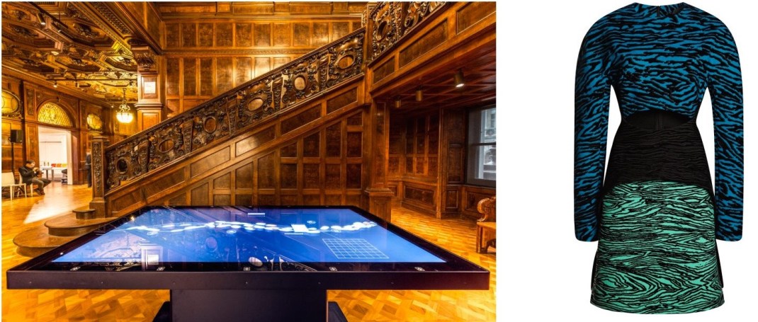  The main entrance hall of the just reopened Cooper Hewitt, Smithsonian Design Museum in New York (Photo by Max Touhey/Curbed) paired with Proenza Schouler Printed Crepe Wood Grain Dress. 