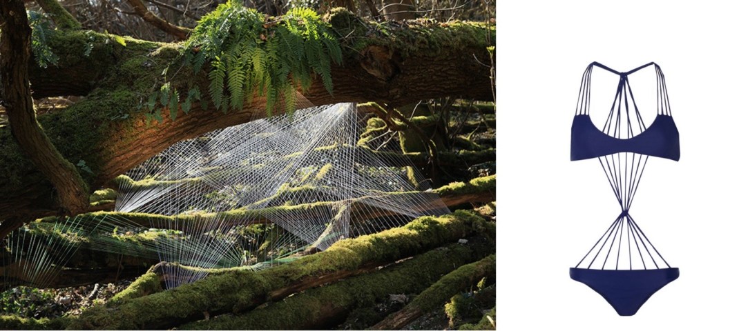 "Cocoon" a 2009 string installation in France by Sébastian Preschoux paired with Mikoh Seychelles Swimsuit. 
