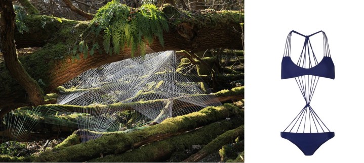 "Cocoon" a 2009 string installation in France by Sébastian Preschoux paired with Mikoh Seychelles Swimsuit. 