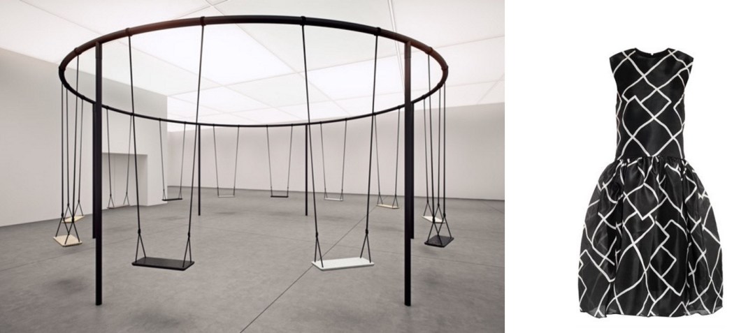 Swings, a Caesarstone installation by London designer Philippe Malouin, for this week's Interior Design Show in Toronto (c/o dezeen) paired with Ellery Meridian Organza Dress. 