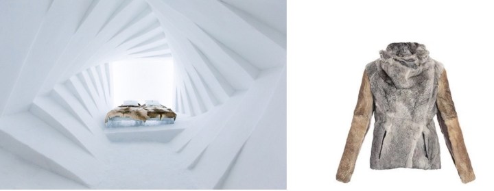 Art Suite 7, 5 ° by Wolfgang-a. Lüchow, Sebastian Andreas Scheller and Anja Kilian at this winter's ICEHOTEL in Jukkasjärvi, Sweden paired with Helmut Lang Rabbit Fur Jacket. 