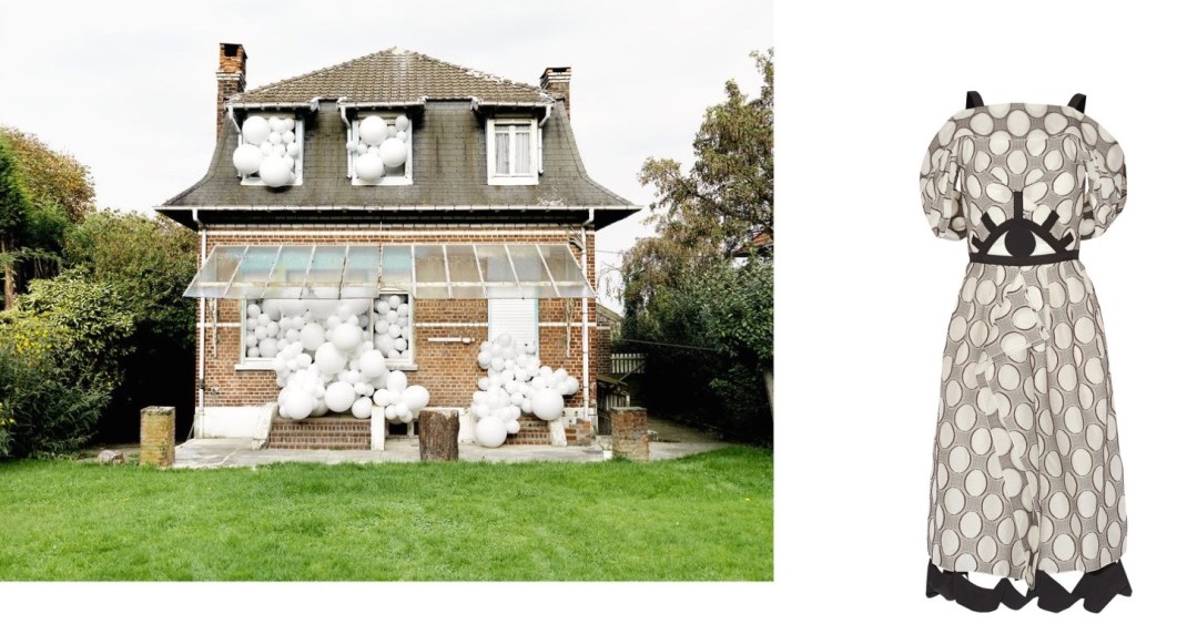 “Souvenirs de Famille," part of Invasions by Charles Pétillon, on exhibit at La Maison de la Photographie in Lille, France, paired with Roland Mouret Fil Coupe Dress.