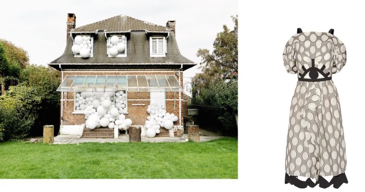 “Souvenirs de Famille," part of Invasions by Charles Pétillon, on exhibit at La Maison de la Photographie in Lille, France, paired with Roland Mouret Fil Coupe Dress. 