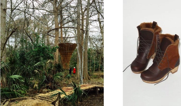 Canopy Tower by John Grade at the Contemporary Austin – Betty and Edward Marcus Sculpture Park at Laguna Gloria in Austin, TX (my photo) paired with No.6 Lace Up Shearling Boot in Golden/Fudge. 
