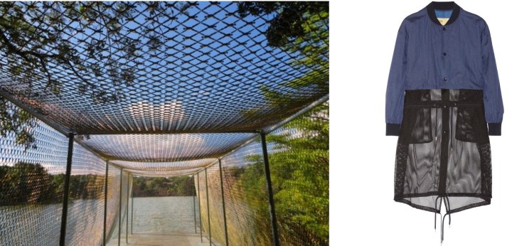 "Net-Work by Do Ho Suh at the Austin Contemporary Laguna Gloria/Betty and Edward Marcus Sculpture Park in Austin, TX paired with Toga Convertible Shell and Mesh Jacket.  
