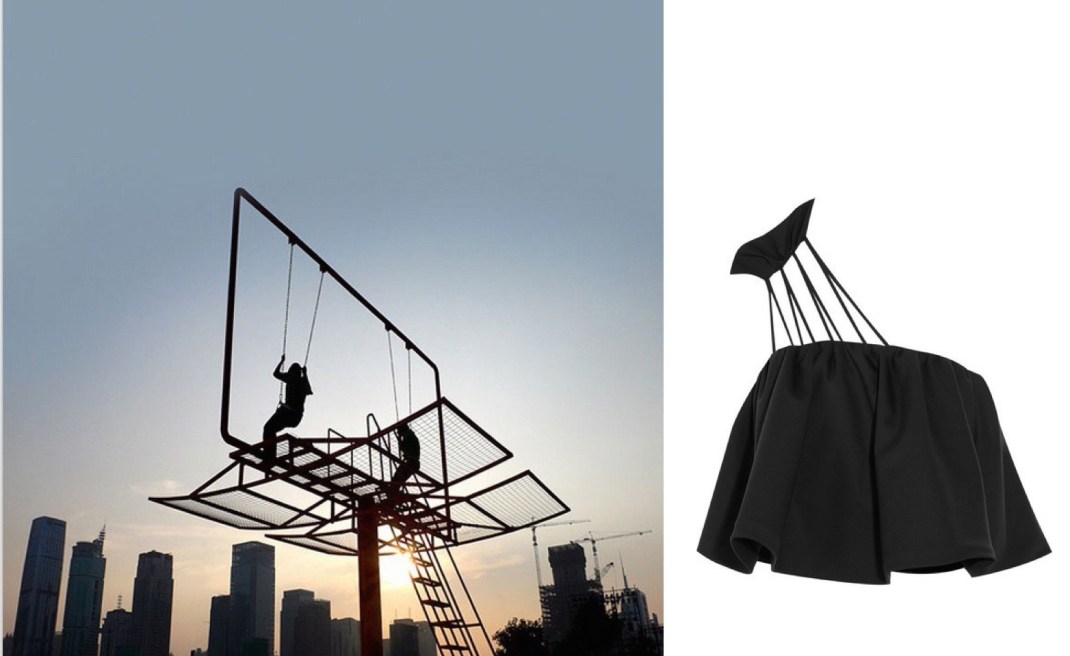 Architect Didier Faustino created “Double Happiness,” a swing set within a billboard, for the 2011 Shenzhen-Hong Kong Biennial paired with Vika Gazinskaya Cropped Wool Top. 