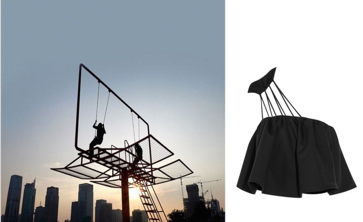 Architect Didier Faustino created “Double Happiness,” a swing set within a billboard, for the 2011 Shenzhen-Hong Kong Biennial paired with Vika Gazinskaya Cropped Wool Top. 