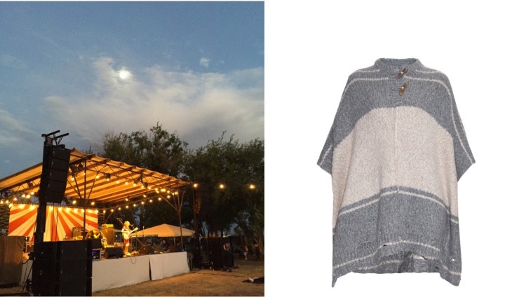 Thursday night at the Trans-Pecos Festival of Music and Love at El Cosmico in Marfa, TX (Photo: Brooke) paired with Raquel Allegra Bi-Color Alpaca Poncho.