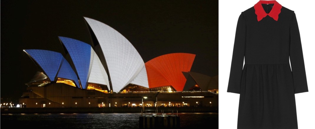 Sydney Opera House aglow in the colors of the French flag on Saturday night paired with Maje's Riri dress.