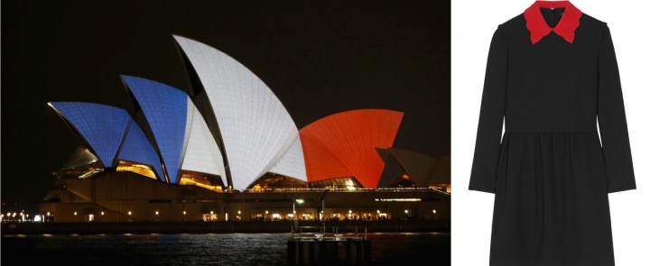 Sydney Opera House aglow in the colors of the French flag on Saturday night paired with Maje's Riri dress.