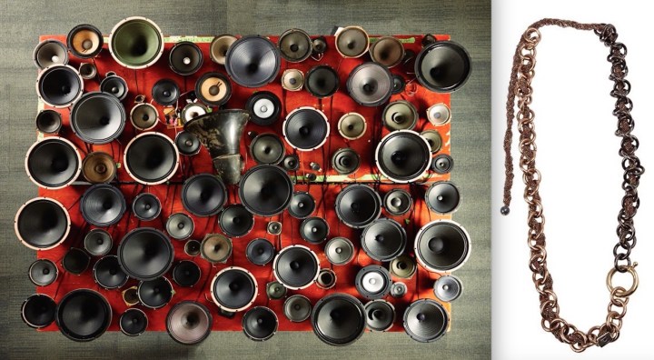 "Experiment in F #minor" by Janet Cardiff and George Bures Miller at SITE Sante Fe paired with Rosantica's  chunky chain necklace.