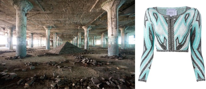 Scott Hocking  "Ziggurat, East" by Scott Hocking (Summer 2008), a mixed media installation and photo project, paired with Hervé Léger’s Nichola cropped jacket.