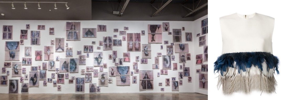 "The common SENSE (the animals)" by Ann Hamilton at SITE Sante Fe paired with Dsquared2 feather top.