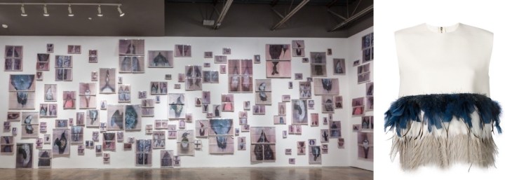 "The common SENSE (the animals)" by Ann Hamilton at SITE Sante Fe paired with Dsquared2 feather top.