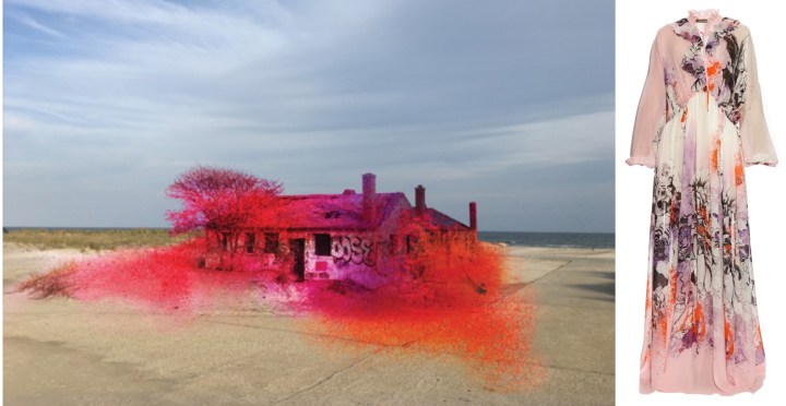 Katharina Grosse's temporary public art installation in the Rockaways paired with Roberto Cavalli's Kimono-print gown. 